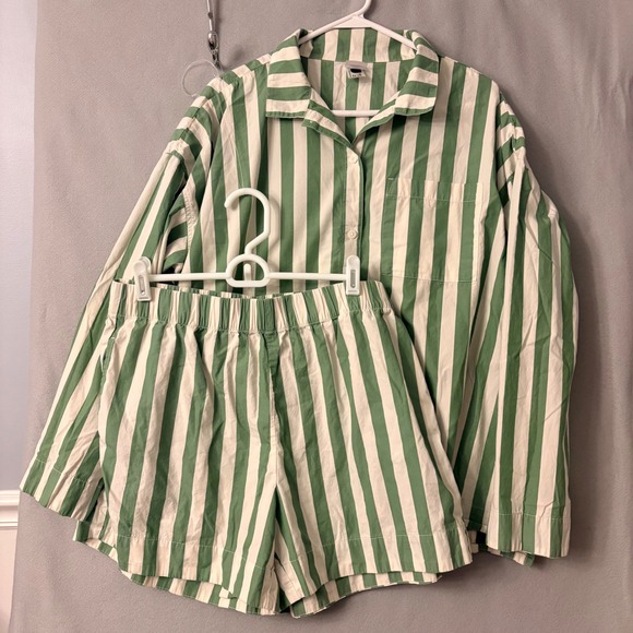 Hanna Andersson Other - Hanna Andersson Pajama Set Green White Striped Cotton Button Down Top Shorts L
